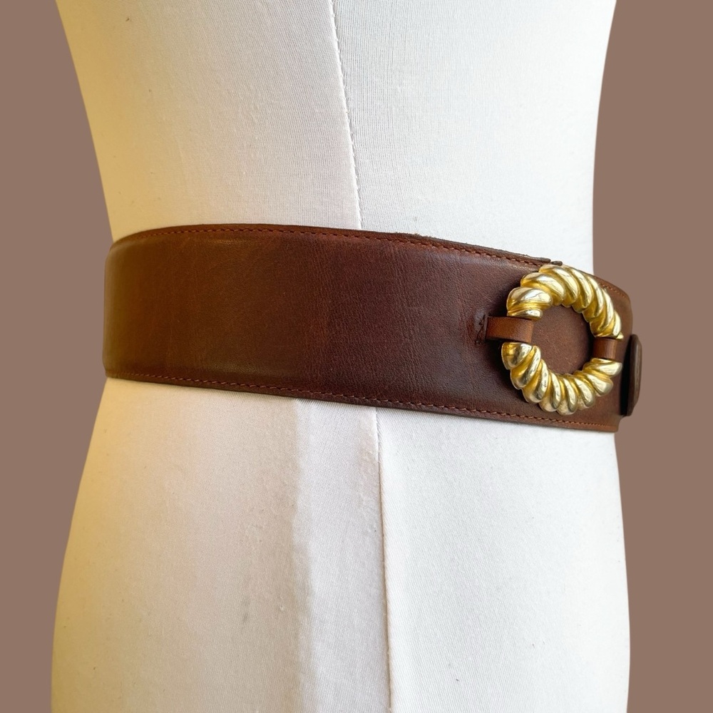 Brown Leather Statement Belt Vintage Twisted Rope Buckle Wide Waist Size S - Picture 5 of 15